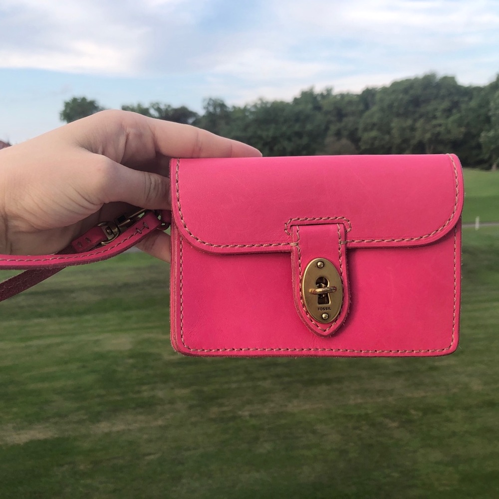 Pink Leather Fossil Wristlet